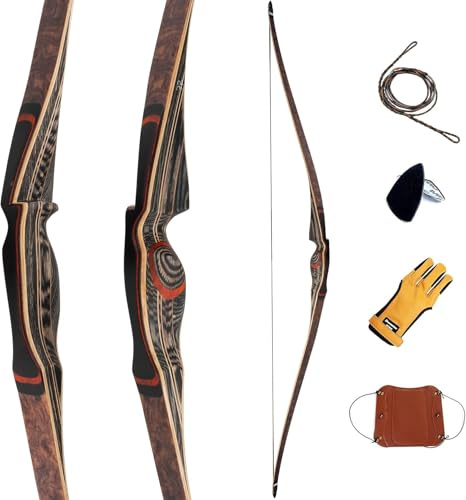 Deerseeker Archery 64 Reflex Deflex Hybrid One-Piece Traditional Long Bow with Laminated Bamboo & Clear Fiberglass Limbs Right Hand/Left Hand for Adults 25-60lbs (Dark Woodgrain, 45lb, Left Hand)