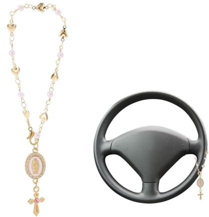 Lyreh Lenkrad Rosenkranz, Goldenes Autospiegel Rosenkranz Kette mit Jungfrau Maria und Kruzifix-Anhänger Auto-Innendekoration Zartes Geschenk für Katholische Frauen und Männer