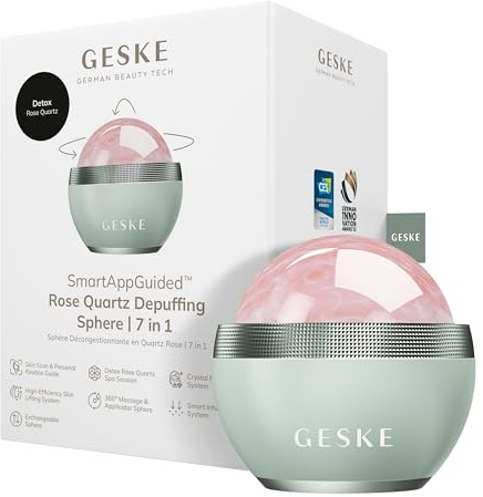 GESKE Rose Quartz Depuffing Sphere | 7 in 1 | Anti-Schwellungen | SmartAppGuided | Massagen für Gesicht, Hals & Dekolleté | Face Yoga | Rosenquarz-Gesichtsroller | Mit Serum-Behälter