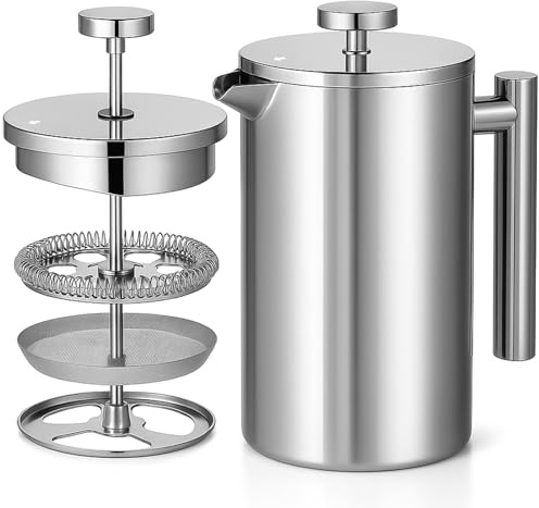 Red Ember Stainless Steel French Press 1L Cafetiere – Double Wall Insulated Coffee Maker, Unbreakable & Rust-Proof with 3-Layer Filter for Smooth, Rich Brew – Ideal for Home, Camping & Gifts