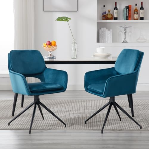 DAYALANE Drehbar Esszimmerstühle 2er Set, Drehstuhl Küchenstuhl Polsterstuhl mit Armlehnen Metallbeine aus Samt, für Esszimmer Wohnzimmer Küche Schlafzimmer Lounge, Teal