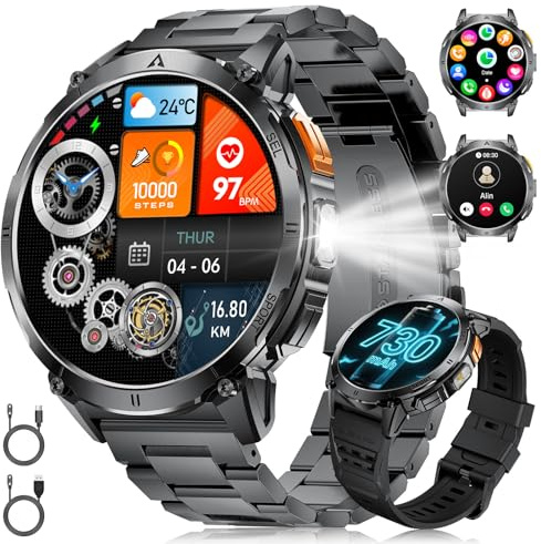 FITFLEX Smartwatch Uomo con Chiamata Bluetooth, 1,62 AMOLED Militare Orologio Smartwatch con 730mAh, Torcia LED, 110+ Modalità Sportive,Cardiofrequenzimetro e Sonno, Impermeabile 3ATM per iOS Android