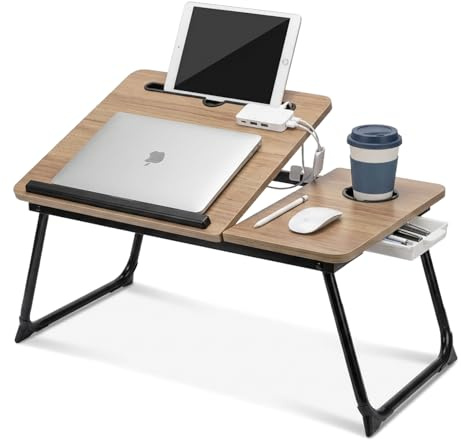 ARATERVIO Faltbarer Laptoptisch, höhenverstellbarer Laptop-Tisch mit Getränkehalter & Lesepult, tragbarer Betttisch für Sofa, Bett und Boden – geeignet zum Lesen und Arbeiten (Graues Holzmaserung)