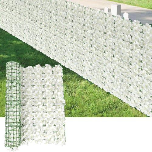 Recinzione Artificiale a Fiori per la Privacy, 300X50cm Recinzione in Edera Sintetica per Coprire la Privacy, Sfondo Floreale per Erba da Giardino, Patio, Balcone (Bianco(300 * 50cm))
