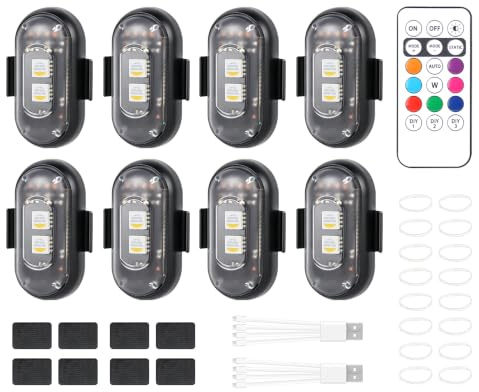 FENYW 8 Pezzi Luci Stroboscopiche Drone LED, 8 Colori Ricarica USB Lmpermeabile Luce a LED, Luci Stroboscopiche Senza Fili con Telecomando, Ricaricabili USB Strobe Drone Light per Motocicletta