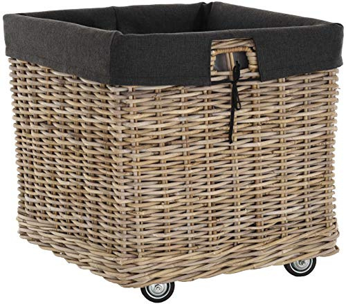 Großer Rollkorb mit Griffen/Holzkorb mit Rollen aus grauem Natur Rattan/Aufbewahrung Holz-Wagen Räder Kaminholz-Korb Kamin Allzweck-Korb mit Inlett (Quadratisch)