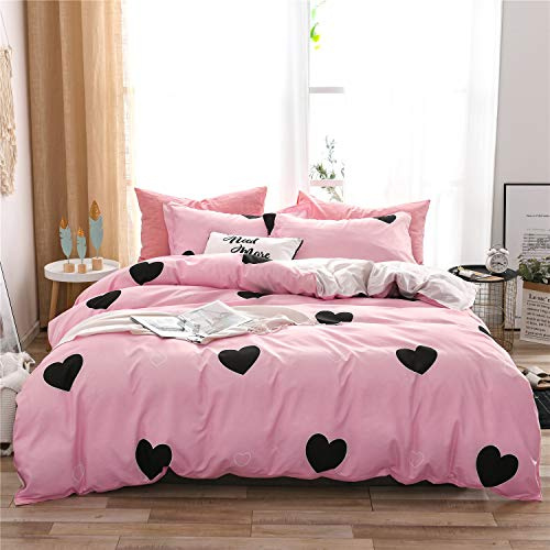 Fansu Elegante Juego de Ropa de Cama de 4 Piezas Juego de Fundas de Edredón Incluye 1 Funda Nórdica y 1 Sábana encimera 2 Funda de Almohada (Cama 90-150x200cm,Corazón - Negro Rosa)