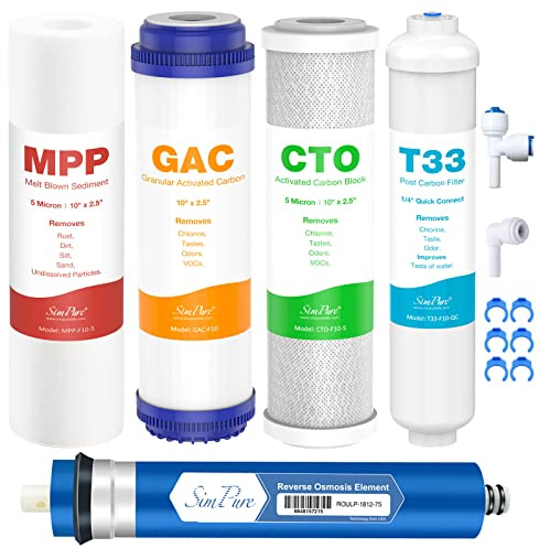 SimPure 5-Stage Reverse Osmosis Replacement Filter Set with 75 GPD RO Membrane, 5pc Pre & Post Replacement Cartridge Pack Kit for Standard 10-icnh 5-Stage Reverse Osmosis RO Systems