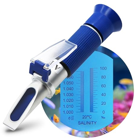 AMTAST Salzgehalt Refraktometer für Aquarium Fische, Salzwasser-Tests, Dual-Skala Salzgehalt Tester PPT & Spezifisches Gewicht Saline Meerwasser Refraktometer Hydrometer mit ATC, aus Kupfer Gemacht