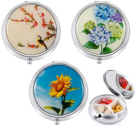 3 Stück Pillendose 3 Fächer Medizin Box Runde Metall Pillenbox Kleine Medizin Box Vitamin-Box für Reisen Outdoor, Tragbare Reise Pillenbox mit Spiegel, Tablettendose Tägliche Verwenden