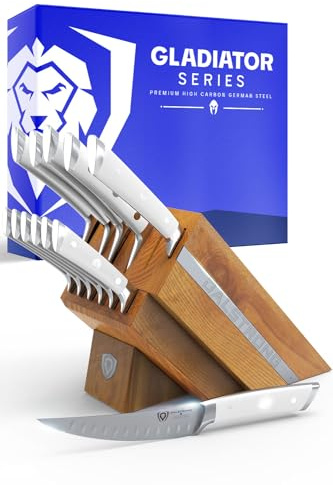 DALSTRONG 12-Piece Knife Block Set - Gladiator Series Elite - White Handles - German HC Steel - Hand-Made Manchurian Ash Wood Block - NSF Certified