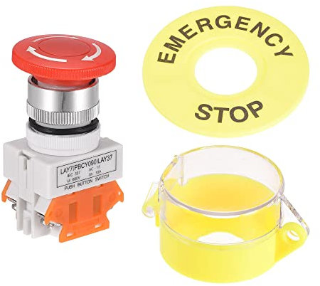 sourcing map 22mm Montaje Enganche Emergencia Parada Pulsador Botón Interruptor con Amarillo Protectora Cubierta 60mm Emergencia Parada Señal 2NC