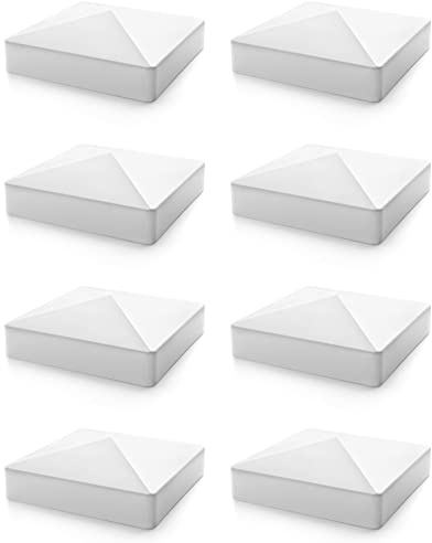 QWORK Vinyl Post Cap, 8 Pack 5 x 5 Vinyl Pyramid Fence Post Cap for Mailbox, Lamp Post, Deck, Dock, Piling Caps, White