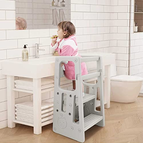 Tritthocker für Kinderzimmer, Küche, mit 3 verstellbaren Höhen, Kleinkind, stehender Turm, Kinder-Lernhocker mit doppelten Sicherheitsschienen und rutschfesten Fußpolstern, Theke, Fußhocker (grau)