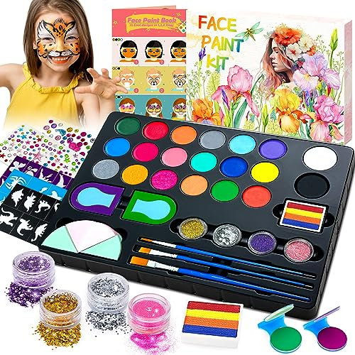 Lubibi Trucchi Viso Bambini Kit, 21 Colori Pittura Corpo Face Painting Tavolozza Con 3 Pennelli, 28 Modelli, Glitter, Pietre Preziose, Halloween, Pasqua, Carnevale, Cosplay Set Trucco per Bambini
