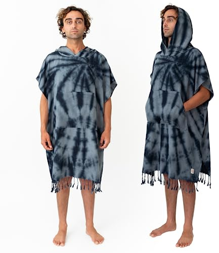 Nova Blue Surf Poncho – stor sköthandduk (33 x 37) – 100 % bomullshandduk med huva vuxen för surf, strand, pool och simning (svart batik)