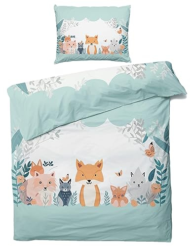 ZDABAOEC Wald Fuchs Kinderbettwäsche 100x135 Jungen Mädchen, Weiche Microfaser Kinder Baby Bettwäsche 2er Set - 1 Bettbezug + 1 Kissenbezug 40x60, mit Reißverschluss, Wende Motiv
