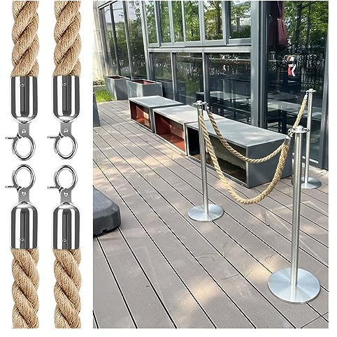 Absperrkordel Natürlich Gedrehter Hanf Warteschlangenteiler, Massenkontrollstütze, Absperrseil 1 2 3 4 Stück, Kommerzielles Retro-Hängeseil-Trennseil Mit Silbernen Clips, Supermarkt-Vitrinentheke ( Co