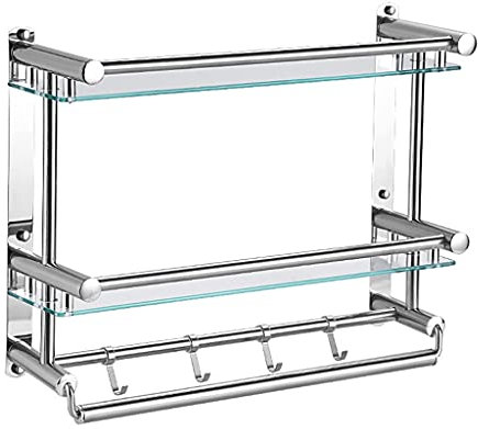 Étagère en Verre de Salle de Bain Étagère de Salle de Bain adhésive avec Barre à Serviettes et Crochets Épaississement en Aluminium Panier de Rangement pour Panier de Douche sans perçage po