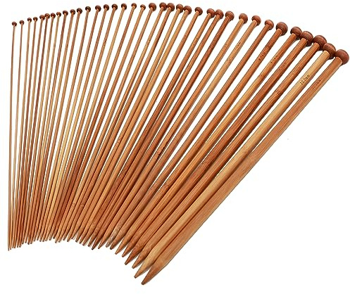 NANXJIUR 36 Pcs Single Point Bamboo Knitting Needles, 18 Sizes Bamboo Knitting Needles Set for Beginners Knitting Crochet Straight Wood Needles (25cm/9.8Inch)