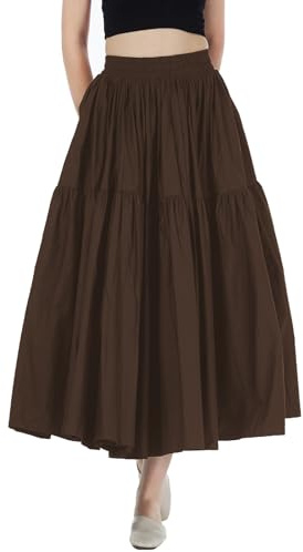 BEAUTELICATE Gonna di Cotone Donna Vintage A-Line Pieghettato Midi Estiva Tinta Unita Vita Elastica S-XXL