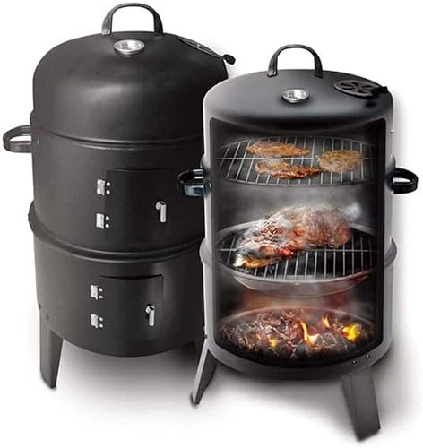 Barbecue-Holzkohlegrill, 3-in-1-Holzkohle-Smoker-Grill, BBQ-Herd mit großer Kapazität, mit Thermometerhaken, einstellbarer Belüftung, 3 Rosten und 2 Türen zum Grillen und Kochen im Freien