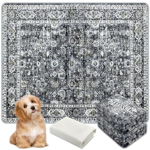 AIHSUMC Waschbare Hunde-Trainingspads 2er Set (91×107 cm) – Wiederverwendbare, Super Saugfähige & Auslaufsichere Welpen-Pads mit Rutschfester Unterlage, Boho Design (Schwarz)