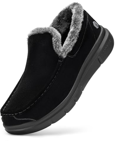 FitVille Mens Winter Slippers Extra Wide Fit Diabetic Shoes Warm Fluffy Slip On Shoes Fleece Lined Moccasin House Slippers for Plantar Fasciitis Indoor & Outdoor