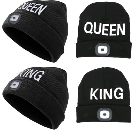 APODESS 2STK Mütze mit Led Licht King Queen Haube Mit Licht Led Mütze Herren Damen Beleuchtete Mütze Wintermütze Led Beanie Mütze Leuchtmütze Geschenkideen für Weihnachten Valentinstag Geburtstag