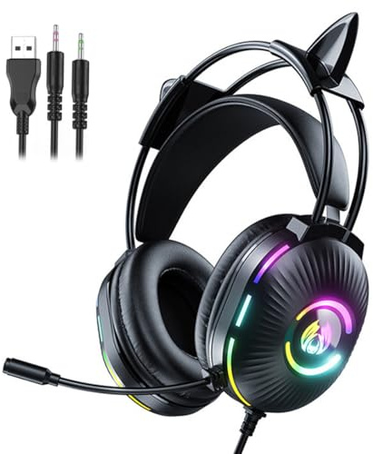 fesoklaf Casque de jeu avec micro, joli casque filaire RVB avec micro antibruit, écouteurs supra-auriculaires avec oreilles de chat pour joueurs/PC/streamers/cosplay (noir)
