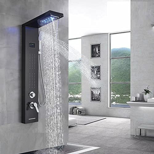 Panneau de Douche à LED avec Effet Pluie et Cascade, pommeau de Douche avec Jets de Massage, système corporel, Noir de Jais B