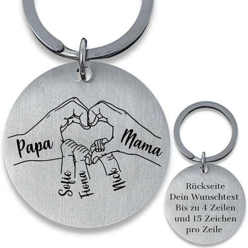 SMARTEON Personalisierter Schlüsselanhänger Edelstahl – Gravur Herz für Papa, Mama & Kinder – Individuell gravierter Schlüsselanhänger mit Namen der Familie als Geschenk