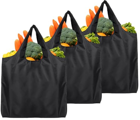 Rairsky 3 Pack Foldable Shopping Bags, Reusable Tote Bags, Large Capacity, Waterproof, Eco-Friendly, Black