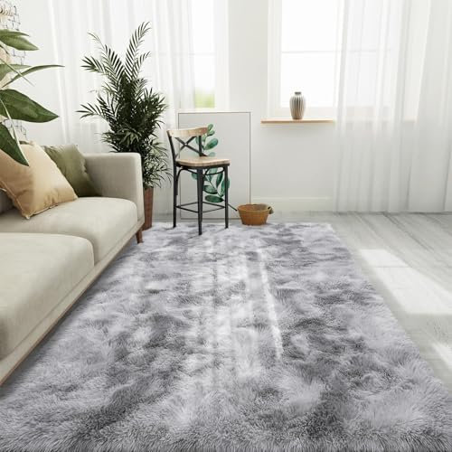 HOKXUAN Teppich Kurzflor 170 x 130 cm Kurzflor rutschfest Flauschig Shaggy Hochflor Teppich Flauschig-Weiche Teppiche Modernes Einfarbiges Design für Küche, Schlafzimmer, Hellgrau