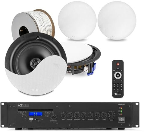 4x 5.25 NCSP5 Commercial Ceiling Speaker System Package with 120W Amp, CD Player, Bluetooth, and USB – Ideal Background Music System for Offices, Gyms, Hospitality & Retail - amp with cd player