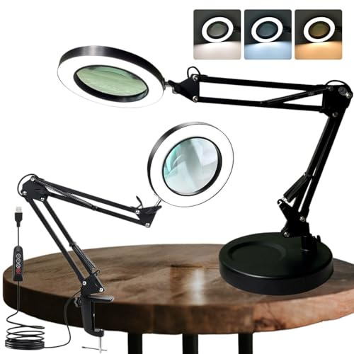 ANGEEK Lupe mit Licht und Ständer, 10x LED Magnifying Lamp with Clamp, extra große Basis，Desk Lamp with 3 Colour Modes, Dimmable, Magnifying Lamp for Reparieren, Basteln，Workplace Lamp, Reading Lamp