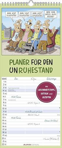 Alpha Edition - Planificateur de retraite 2026 – Planificateur familial 19,5 × 45 cm avec dessins animés amusants des retraités, calendrier mural humoristique et espace pour notes, agenda pratique