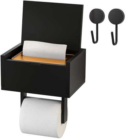 Yorbay Toilettenpapierhalter ohne Bohren, Bambus Klopapierhalter mit Feuchttücherbox und 2 Haken,WC Rollenhalter für Badezimmer, Selbstklebend or Bohre, Schwarz
