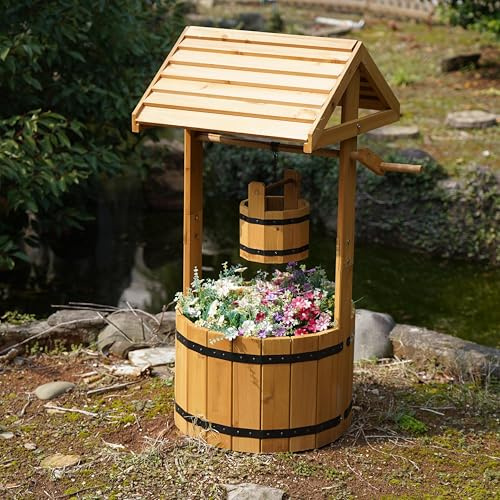 Actiasgear – Wooden Wishing Well Flower Planter | Rustic Outdoor Garden Decoration with Slatted Base | Treated Fir Wood, 100cm Tall