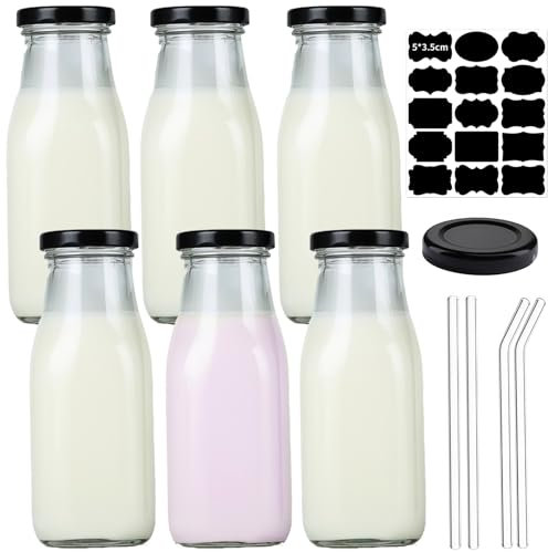 Ksnowqi 6 Pezzi Bottiglie per Latte di Vetro con Coperchio, Bottiglie di Vetro da 300 ml, Bottiglia vetro 300ml per Succhi di Frutta, Colazione, Tè, Bevande, Bottiglia con Cannucce