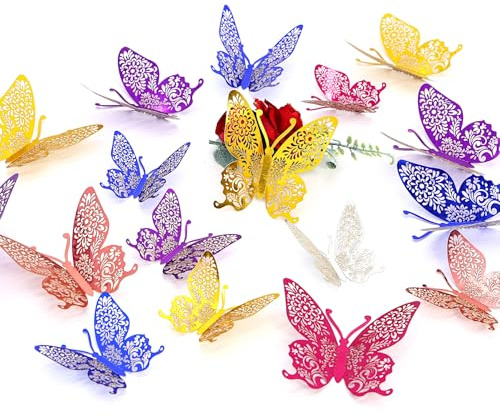 3D Butterfly Wall Decor, 72 Pieces, 6 Colors 3 Sizes, Gold Silver Blue Purple Pink Rose Gold, Party Wedding Room Decorations
