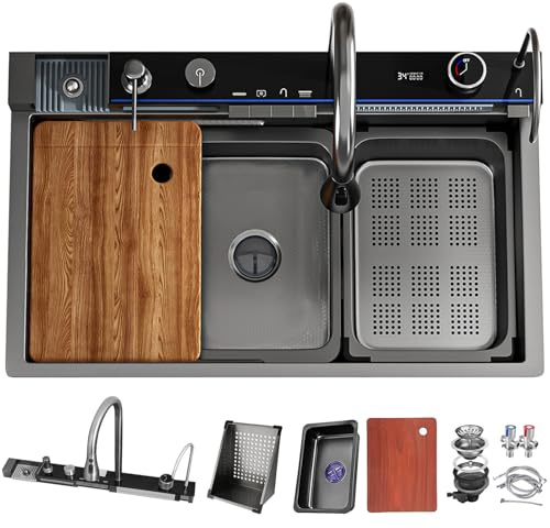 Kit Fregadero Multifuncional 75x45 Negro Acero Inoxidable, 1 Seno con Grifo Cascada Integrado, Incluye Tabla Cortar, Escurridor, Sifón y Desagüe Completo, Fregadero Inteligente para Encimera
