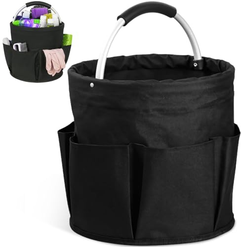 Foldable Waterproof Cleaning Caddy with Handle, Multi-Pocket Large Heavy Duty Organiser Bag, Multifunctional Collapsible UnderSink Oxford Fabric Storage Buckets for Home Kitchen Bathroom Office Black