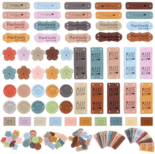 PEOVLVN 60 Stück Handmade Label Zum Annähen 5 Stile Handgefertigte Lederetiketten Label Nähen Handmade Labels zum Annähen Labels zum Annähen für Basteln Stricken Handtaschen Nähen Häkeln Verzierung