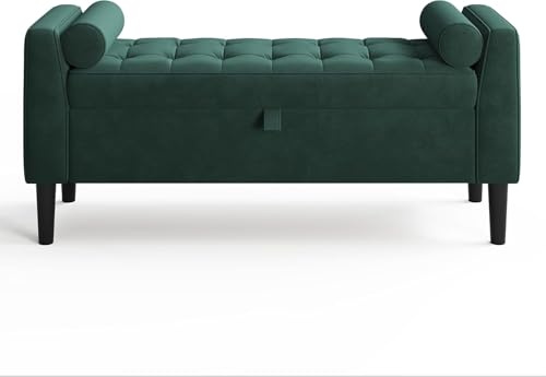 Garvee Banc de Rangement avec Accoudoirs Bout de Lit Rembourré, Repose-Pieds, Coffre de Rangement, Banc à Chaussures pour Entrée, Chambre, Salon 120x43x55 cm (Vert)