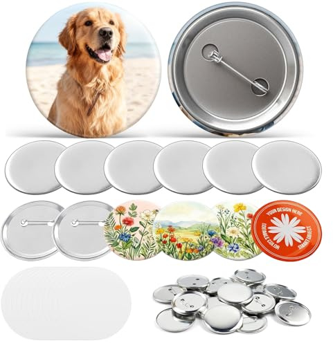 Lot de 50 badges en métal - 58 mm - Pour machine à boutons, à personnaliser soi-même - Avec épingle de sûreté, film transparent (50)