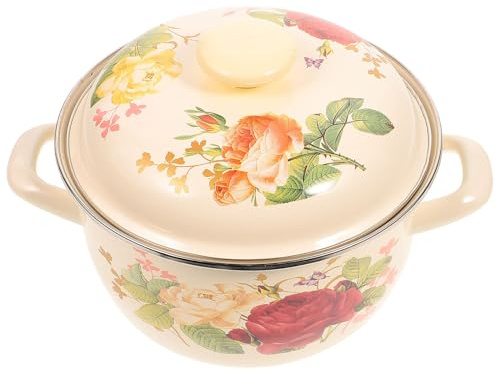 Homoyoyo 20cm Vintage Enamel Stew Pot Lid Two-Handle Thickened Household Cooking Soup Pot Sturdy Portable Stockpot for Home Kitchen Use