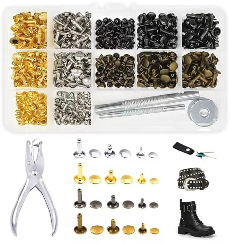 HMCEY 360 Stück Hohlnieten,Ledernieten Set,Studs For Clothes,Schlagnieten,Hammer Nieten,Ziernieten,Nietenzange Set Kleidung,Doppelkopfnieten Metallniete mit Bohrwerkzeuge für Handwerk-12 mm,8 mm,6 mm