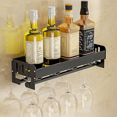 Portabottiglie verticale da parete, mensola sospesa in vetro per bottiglie di vino, con portabicchieri, moderna esposizione di foto di piante, contenitore per vino (nero, 40 cm)