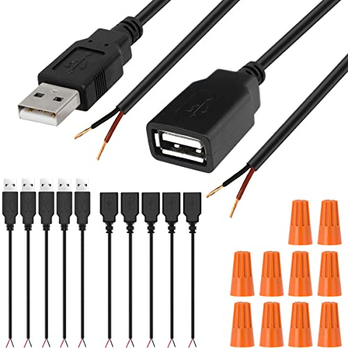 HAAMNING7 USB Power Cable, USB 2.0 Type A Female Male Cable to 2 Pin Jack Open Wire Charger charging Cord Extension Connector Ends Power DIY Pigtail 5V line, 5 PCS USB Male + 5 PCS USB Female